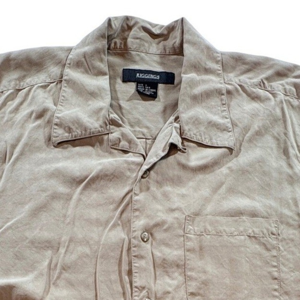 Riggings Silk Button Down Shirt Mens Large Tan Short Sleeve Camp Casual Resort
